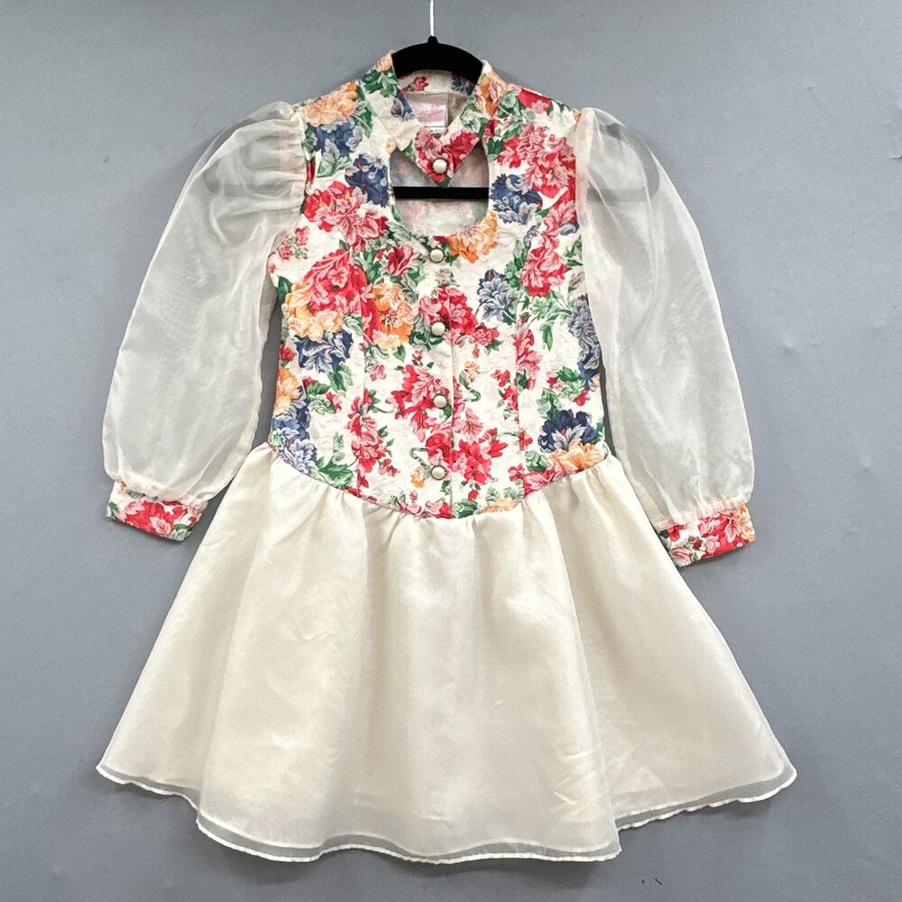VTG 90s Little Girl Dress Sz 8 Cottagecore Easter Floral Drop Waist Chiffon USA